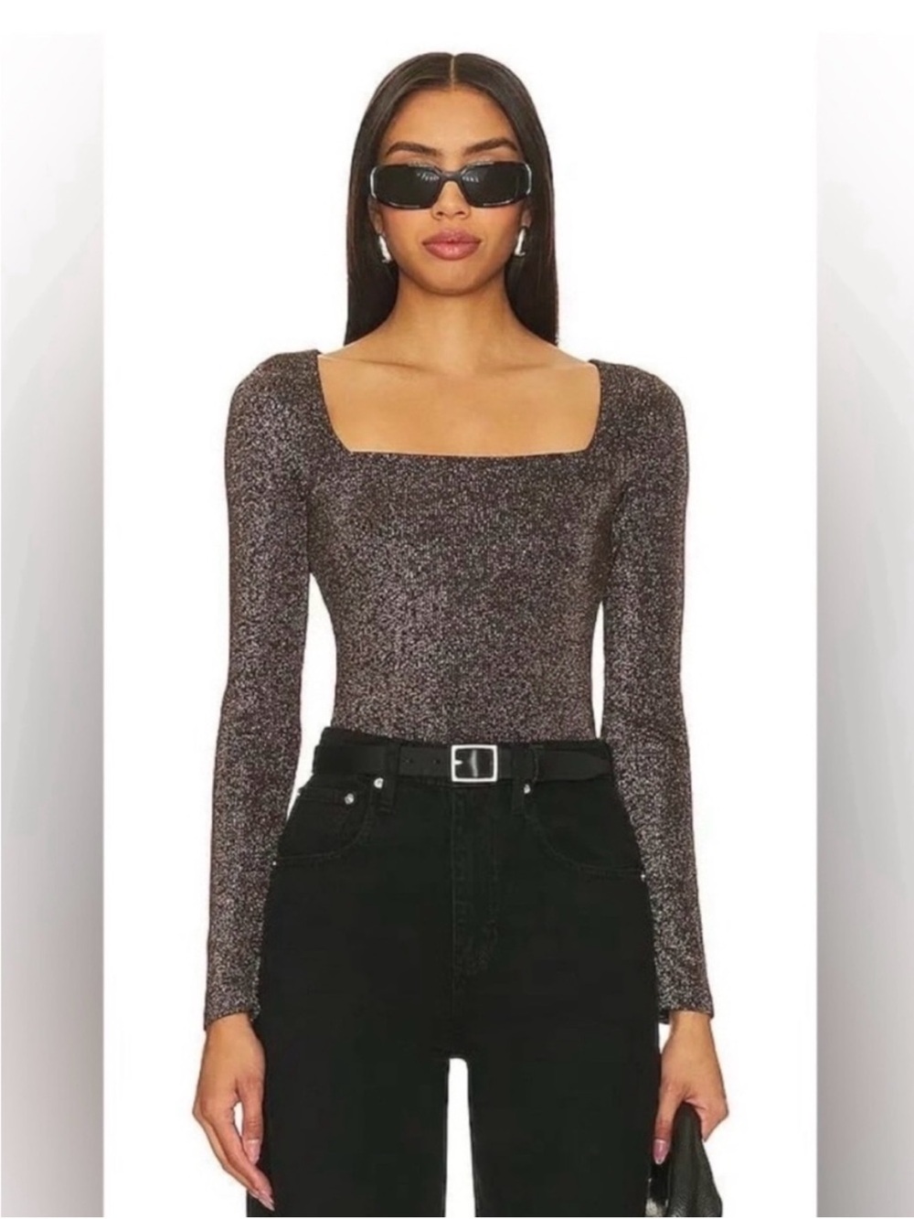 REVOLVE Shimmery Square-Neck Long Sleeve Top - Black